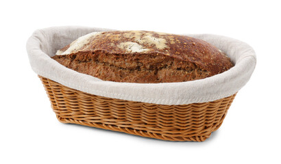 Loaf of rye bread in basket isolated on white