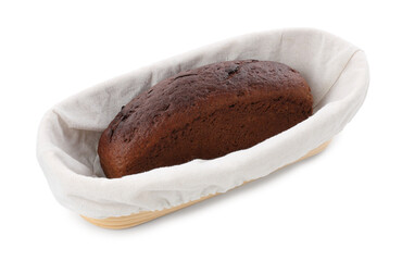 Loaf of rye bread in basket isolated on white