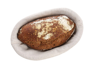 Loaf of rye bread in basket isolated on white, top view