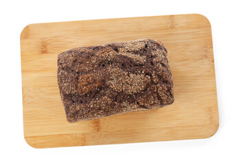 Loaf of rye bread isolated on white, top view