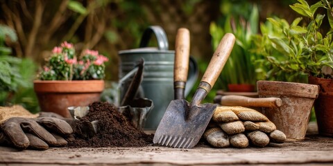 Garden tools in natural setting – gardening equipment surrounded by plants and soil