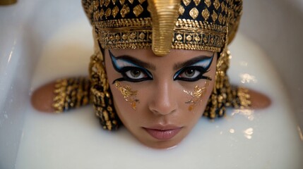 Queen Cleopatra’s face wearing ancient Egyptian eye makeup in a bathtub full of milk 