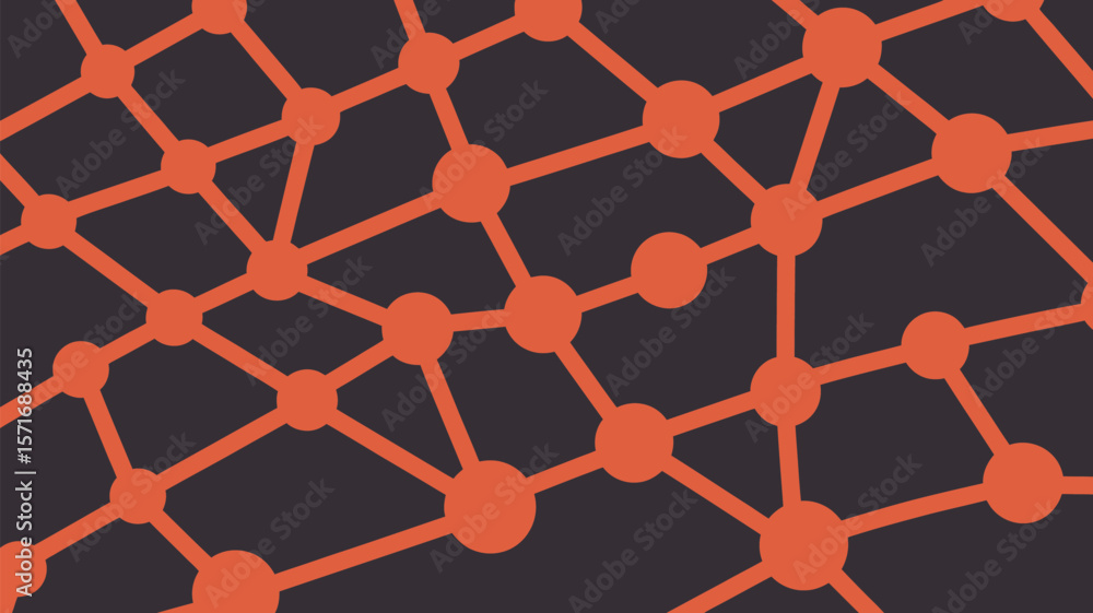 Poster a network of orange circles connected by lines on a dark gray background forming a complex web patte