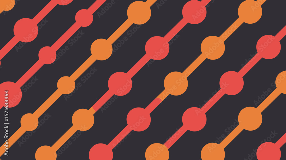 Poster a pattern of diagonal lines with circles in orange and red on a dark gray background repeated