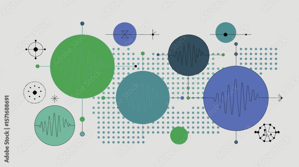 Poster abstract design featuring circles connected by lines with wave patterns and dotted background patter