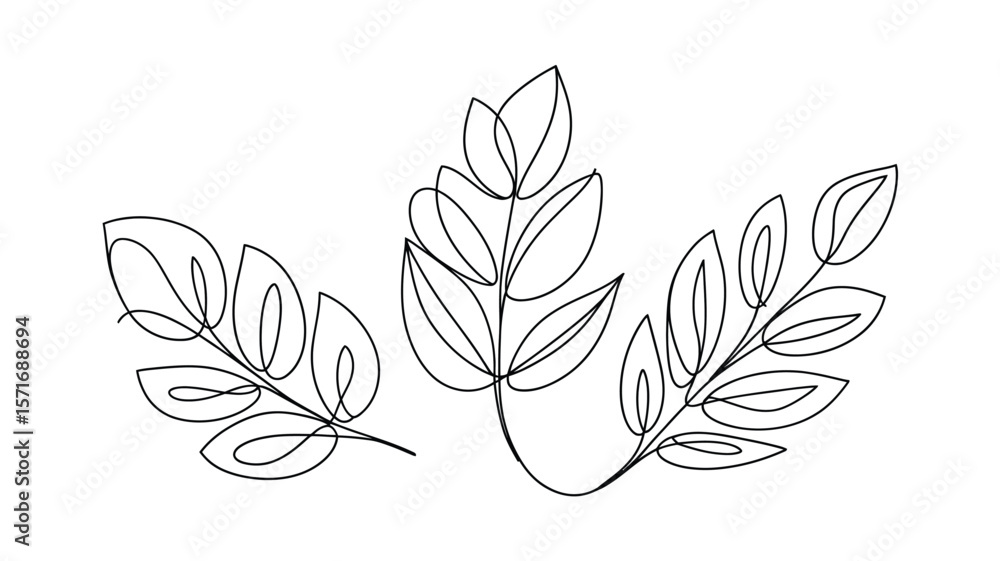 Poster three simple leaf branches drawn with a single continuous line on a plain white background image art