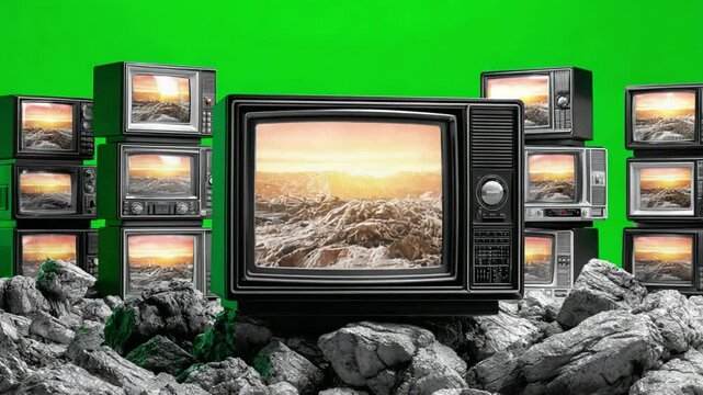 Vintage TV Display:  A retro television set displays a vibrant nature scene, surrounded by other old televisions arranged amidst a pile of debris and the captivating green background.