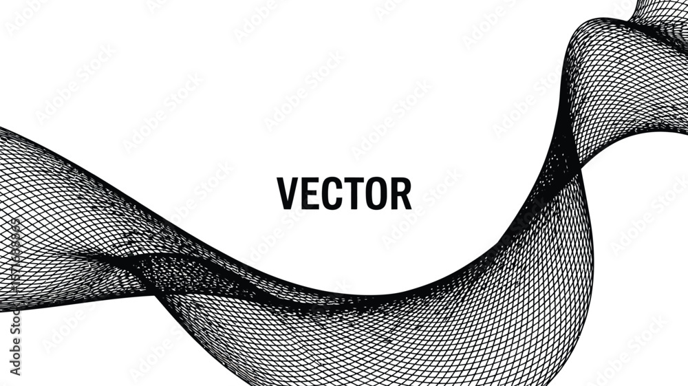 Poster a graphical representation of a curved black mesh pattern on a white background with vector text ove