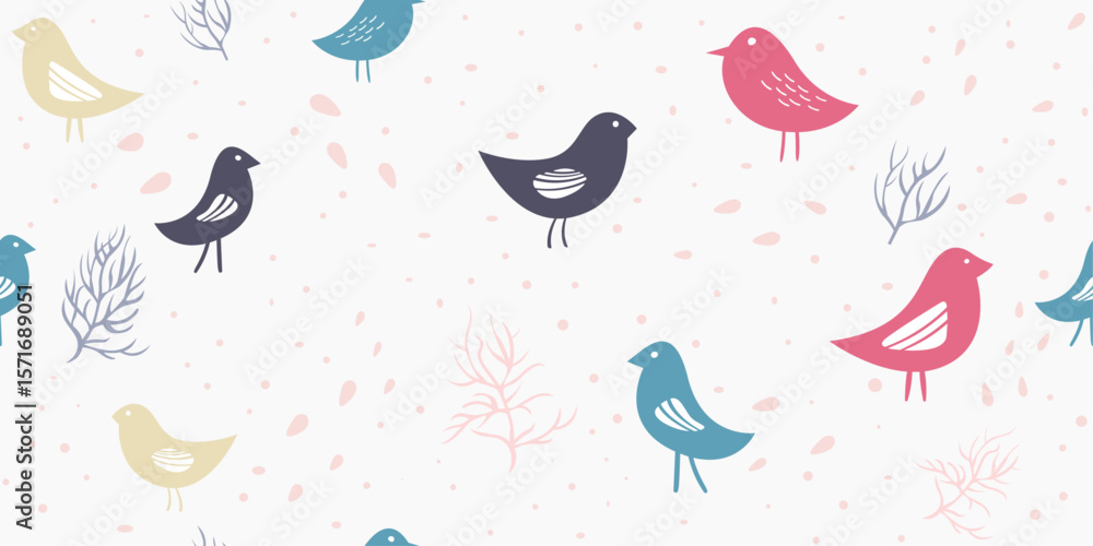 Poster colorful bird and branch pattern. seamless pattern featuring stylized birds.