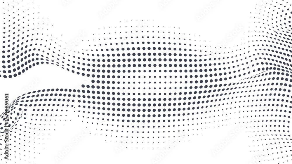 Poster abstract wavy halftone pattern with black dots on a white background creating a dynamic visual effec
