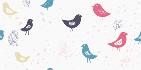 Colorful Bird and Branch Pattern. Seamless pattern featuring stylized birds.