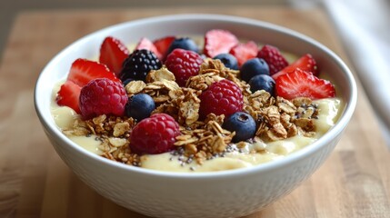 Healthy Breakfast Bowl with Fruit and Granola on Wooden Surface