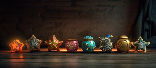 Golden globe ornaments and festive blue and red baubles adorn a Christmas tree with candles, celebrating the winter holiday season