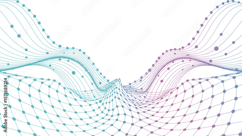 Poster abstract network with gradient lines and nodes forming a wavy interconnected structure on white