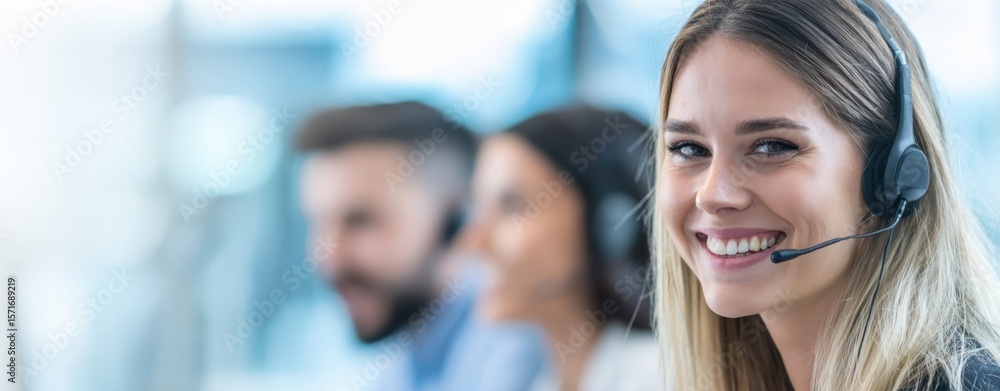 Poster the smiling customer service representative assisting clients with professionalism and joy.
