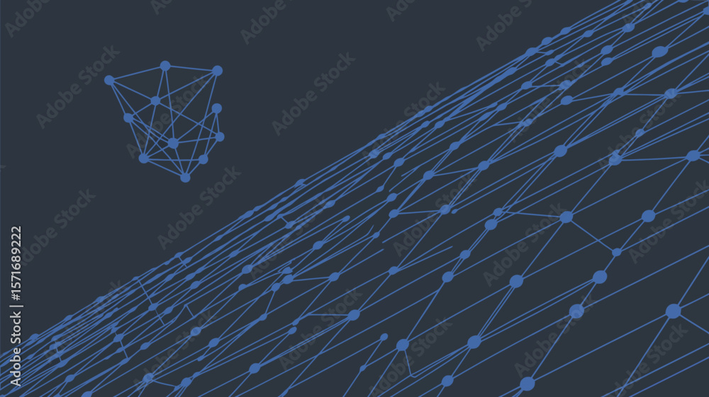 Poster a blue network of connected dots and lines on a dark background with a floating structure nearby