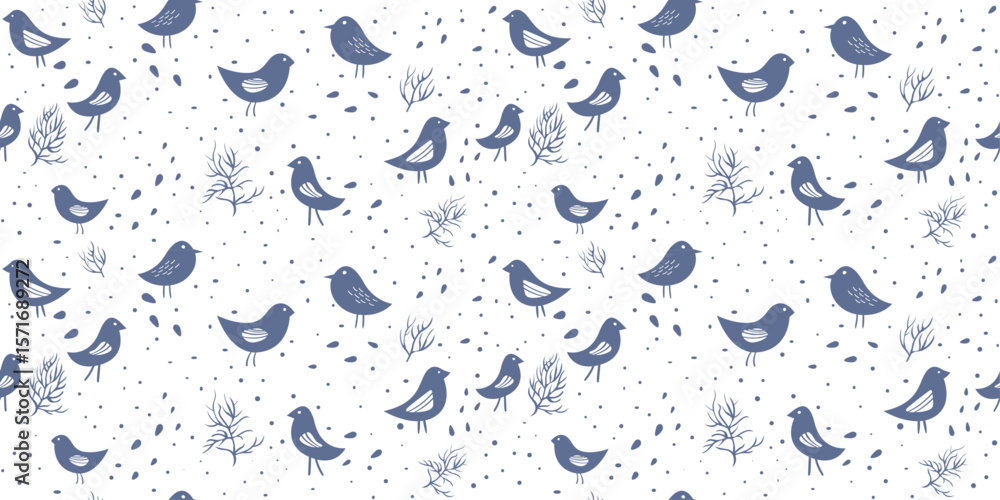 Poster Blue Bird and Twig Pattern. Seamless pattern featuring stylized blue birds and small twig illustrations scattered across a white background.