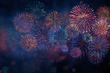 Spectacular fireworks illuminate the night sky, creating a breathtaking display of colors and shapes over a festive celebration in the city