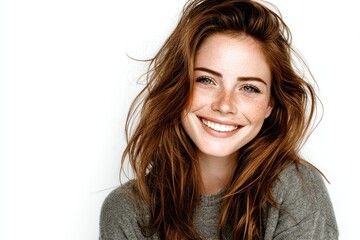 Smiling woman with long hair in a casual grey sweater enjoys a bright moment against a simple white background