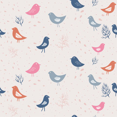 Colorful Bird and Branch Pattern. Birds are depicted in various colors including blue, gray, pink, and orange.