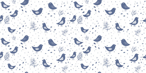Blue Bird and Twig Pattern. Seamless pattern featuring stylized blue birds and small twig illustrations scattered across a white background.