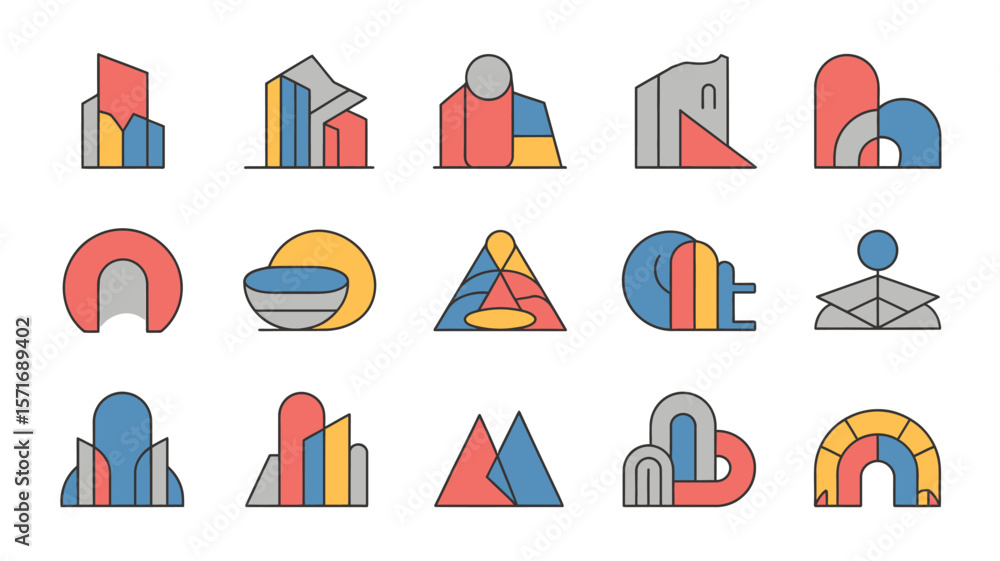 Poster fifteen abstract geometric shapes with rounded edges and varied color palettes arranged in a grid pa