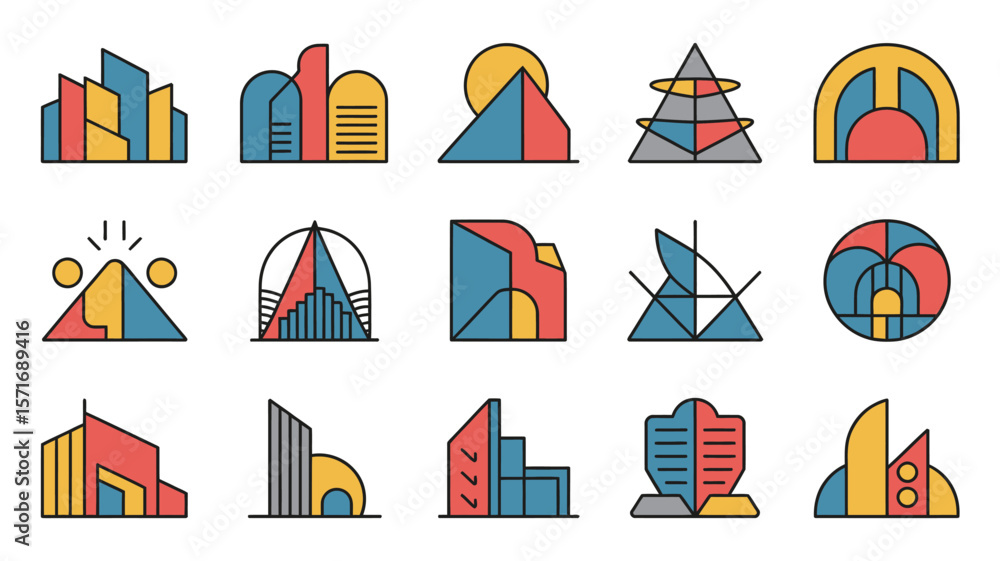 Poster collection of abstract geometric building icons in blue red and yellow color scheme on white backgro