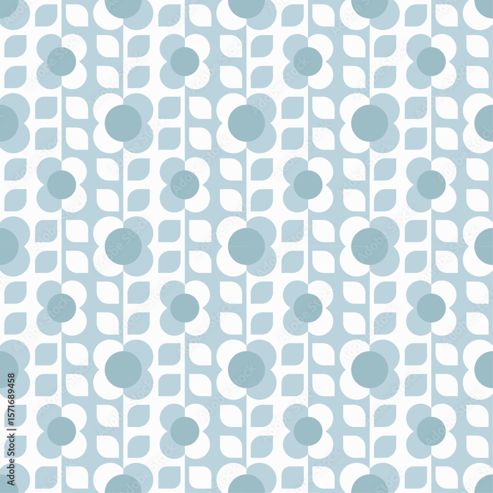 Poster Retro Floral Pattern in Blue and White. Design consists of stylized flowers with circular centers and rounded petals, interspersed with geometric leaf shapes.