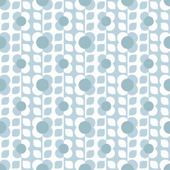 Retro Floral Pattern in Blue and White. Design consists of stylized flowers with circular centers and rounded petals, interspersed with geometric leaf shapes.