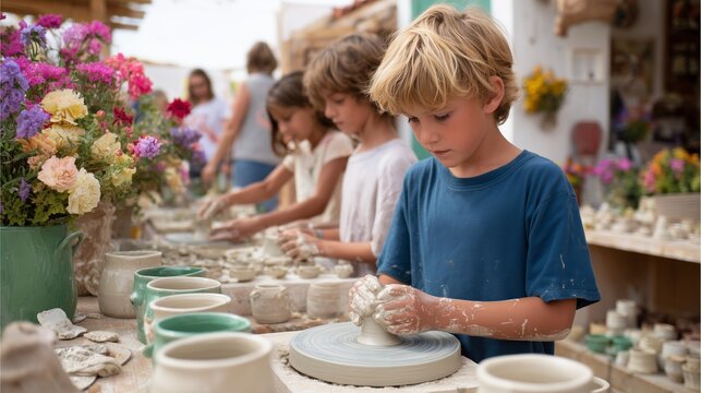 Children engaged in pottery making during a creative workshop at a local artisan studio in a vibrant market setting