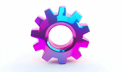 Gleaming, stylized iridescent gear with bright magenta, blue, and teal hues on a plain, white surface