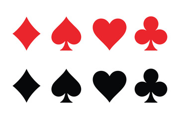 Playing Cards Icon Set Featuring Black and Red Suits Isolated on Transparent Background, Perfect for Casino Design, Game UI, Print, Digital Art, and Card Graphics

