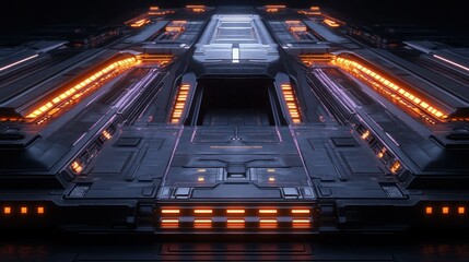 Futuristic, dark, metallic, glowing panels