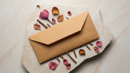 A brown envelope sits on an off-white marble slab, elegantly arranged with scattered dried rose petals and small twigs creating a natural aesthetic perfect for invitations or letters