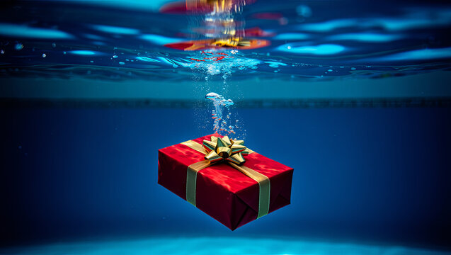 A vibrant red gift box, adorned with a golden bow, floats just below the surface of clear blue water in a swimming pool. Bubbles rise around the present, creating a playful atmosphere