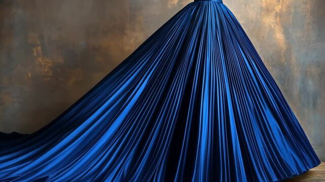 Elegant blue gown with pleated skirt and train against a textured backdrop