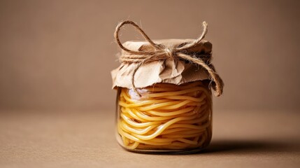Glass jar filled with pasta, tied with twine and brown paper