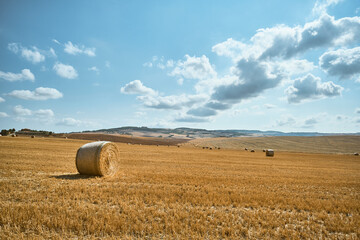 Veduta panoramica sulla campagna toscana con fieno raccolto.