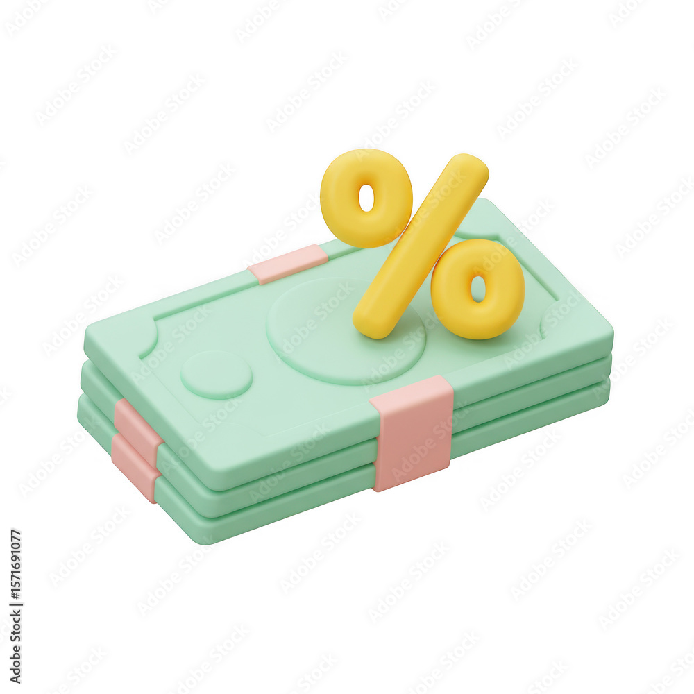 Poster a stack of money with a percentage sign on top of it isolated on transparent background