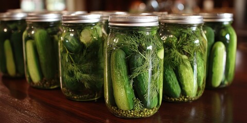 Jars of homemade pickled cucumbers – traditional fermented food in glass containers