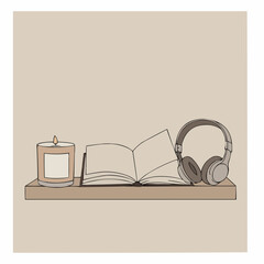 Candle, open book, and headphones on wooden shelf in soft colors  