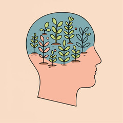 Abstract illustration of a head filled with plants representing mental health  