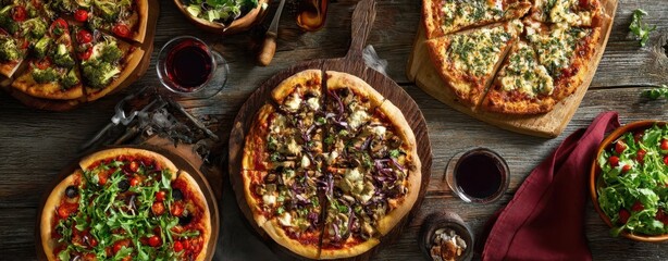 The delightful assortment of gourmet pizzas served with fresh salads and wine.