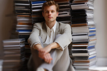 Young man in light suit sits on floor surrounded by tall stacks of magazines, looking thoughtful and calm