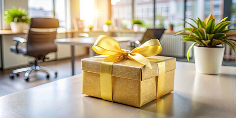 A beautifully wrapped golden gift box with a yellow ribbon sits on a desk in a modern office. Sunlight streams through large windows, illuminating the workspace filled with greenery