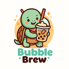 Bubble Brew -Cute Cartoon Turtle with Boba Tea Logo Mascot Logo Design Illustration