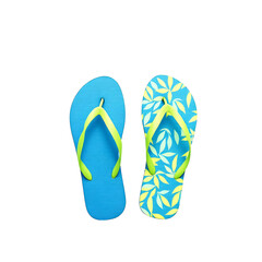 A topdown view showcases a pair of stylish blue flipflops, one adorned with a vibrant leaf pattern, offering a refreshing summer aesthetic against a clean transparent background