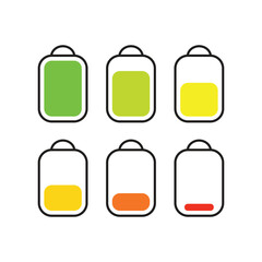 Six battery icons depicting varying charge levels from full green to empty red on a white background