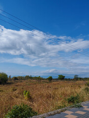 Open dry field landscape under a bright blue sky with scattered clouds and distant mountains in daylight