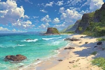 Naklejka premium Vibrant coastal landscape with azure waters and lush greenery in a serene untouched paradise at midday